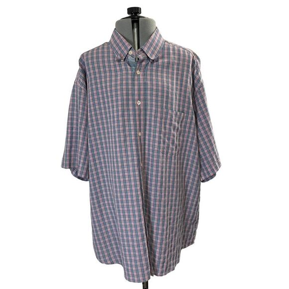 Bugatchi Uomo Blue Pink Plaid Size Large Button Down Short Sleeve Shirt - Picture 1 of 5